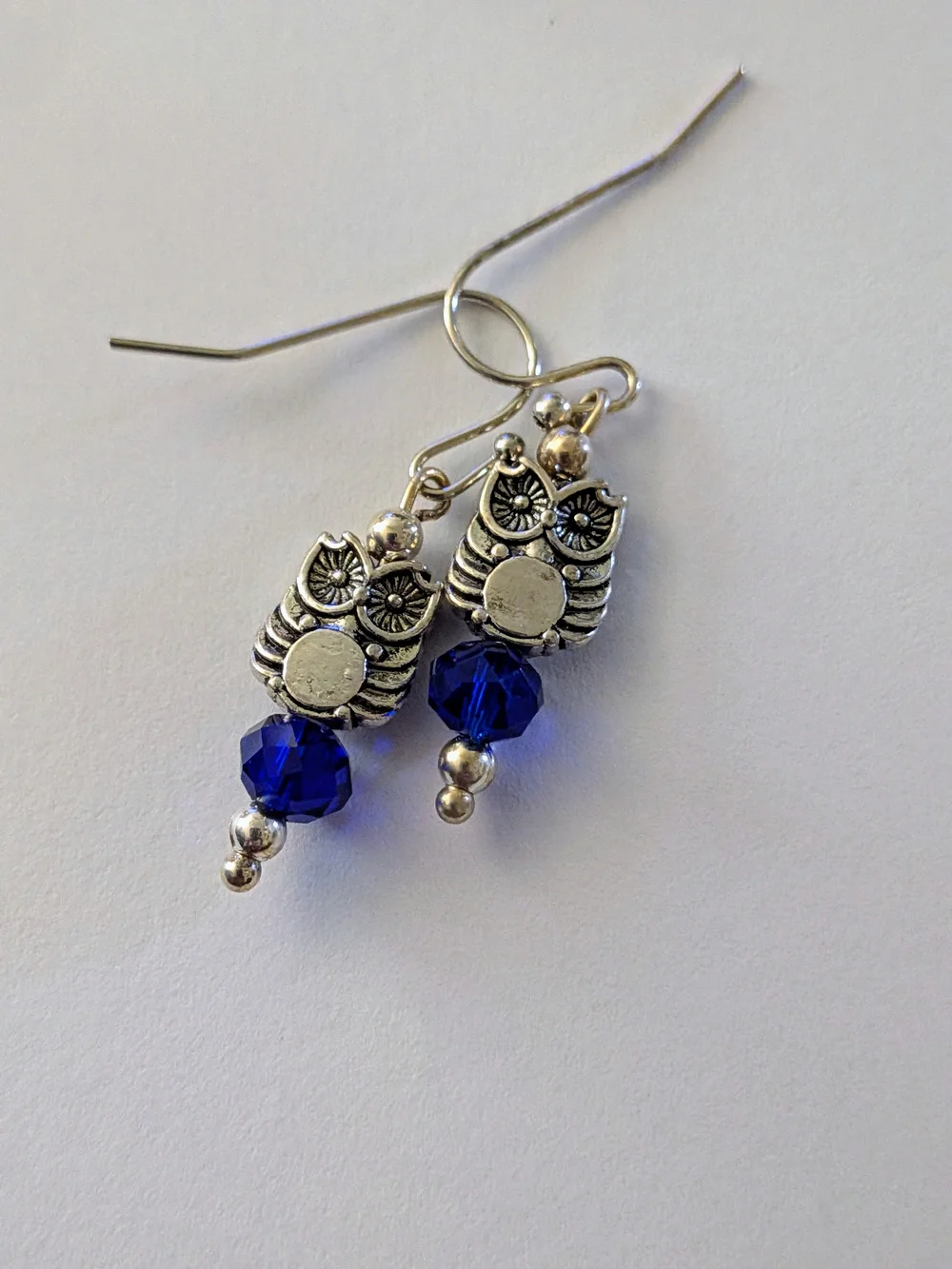 Owl Drop Earrings with Royal Blue Crystal Beads